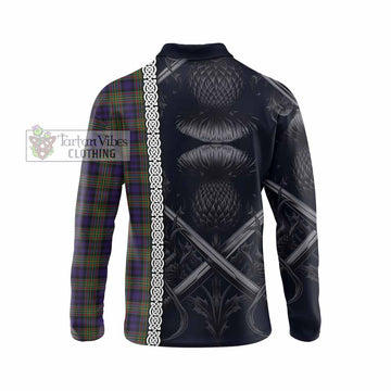 Clelland Tartan Long Sleeve Polo Shirt with Family Crest Cross Sword Thistle Celtic Vibes - Tartan Vibes Clothing