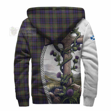 Clelland Tartan Sherpa Hoodie with Family Crest and St. Andrew's Cross Accented by Thistle Vines - Tartan Vibes Clothing