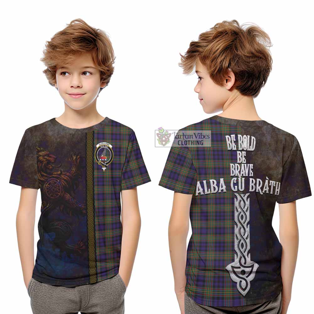 Tartan Vibes Clothing Clelland Tartan Family Crest Kid T-Shirt Alba Gu Brath Be Brave Lion Ancient Style