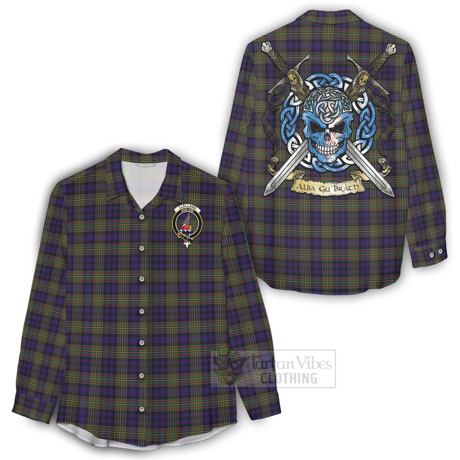 Clelland Tartan Women's Casual Shirt with Family Crest Celtic Skull Style - Tartan Vibes Clothing