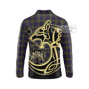 Clelland Tartan Long Sleeve Polo Shirt with Family Crest Celtic Wolf Style - Tartan Vibes Clothing