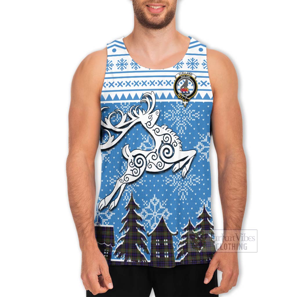 Clelland Clan Christmas Men's Tank Top Celtic Reindeer Style - Tartan Vibes Clothing