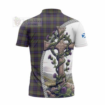 Clelland Tartan Zipper Polo Shirt with Family Crest and St. Andrew's Cross Accented by Thistle Vines - Tartan Vibes Clothing