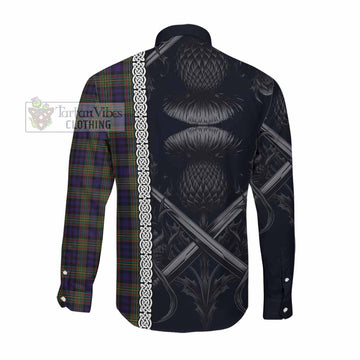 Tartan Vibes Clothing Clelland Tartan Long Sleeve Button Shirt with Family Crest Cross Sword Thistle Celtic Vibes