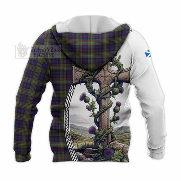 Clelland Tartan Knitted Hoodie with Family Crest and St. Andrew's Cross Accented by Thistle Vines - Tartan Vibes Clothing
