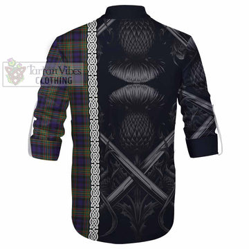 Clelland Tartan Ghillie Kilt Shirt with Family Crest Cross Sword Thistle Celtic Vibes - Tartan Vibes Clothing