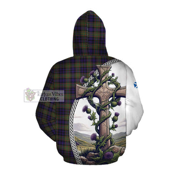 Clelland Tartan Cotton Hoodie with Family Crest and St. Andrew's Cross Accented by Thistle Vines Pullover Hoodie - Tartan Vibes Clothing