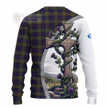 Clelland Tartan Knitted Sweater with Family Crest and St. Andrew's Cross Accented by Thistle Vines - Tartan Vibes Clothing