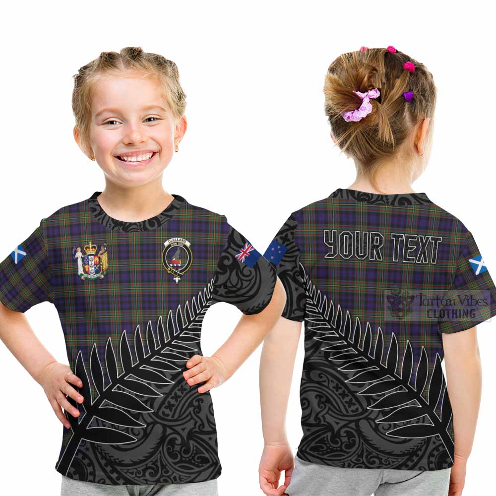 Tartan Vibes Clothing Clelland Crest Tartan Kid T-Shirt with New Zealand Silver Fern Half Style