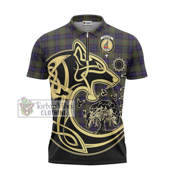 Clelland Tartan Zipper Polo Shirt with Family Crest Celtic Wolf Style - Tartan Vibes Clothing