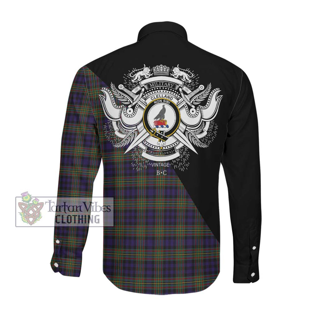 Clelland Tartan Long Sleeve Button Shirt with Family Crest and Military Logo Style Men's Shirt - Tartanvibesclothing Shop