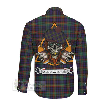 Clelland Tartan Long Sleeve Button Shirt with Family Crest and Bearded Skull Holding Bottles of Whiskey Men's Shirt - Tartan Vibes Clothing