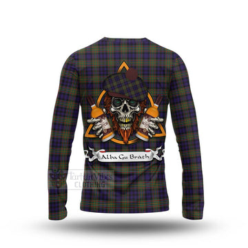 Clelland Tartan Long Sleeve T-Shirt with Family Crest and Bearded Skull Holding Bottles of Whiskey - Tartan Vibes Clothing