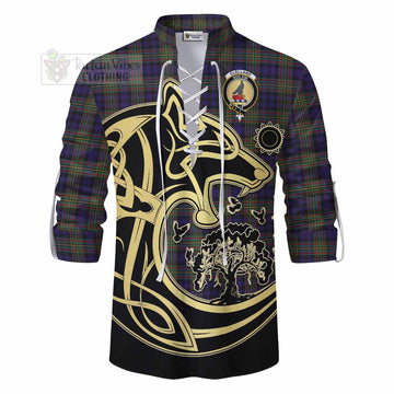Clelland Tartan Ghillie Kilt Shirt with Family Crest Celtic Wolf Style - Tartan Vibes Clothing