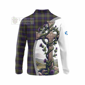 Clelland Tartan Long Sleeve Polo Shirt with Family Crest and St. Andrew's Cross Accented by Thistle Vines - Tartan Vibes Clothing