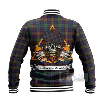Clelland Tartan Baseball Jacket with Family Crest and Bearded Skull Holding Bottles of Whiskey - Tartan Vibes Clothing
