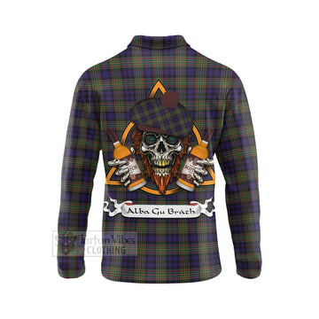 Clelland Tartan Long Sleeve Polo Shirt with Family Crest and Bearded Skull Holding Bottles of Whiskey - Tartan Vibes Clothing