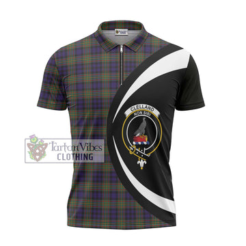 Clelland Tartan Zipper Polo Shirt with Family Crest Circle Style - Tartan Vibes Clothing