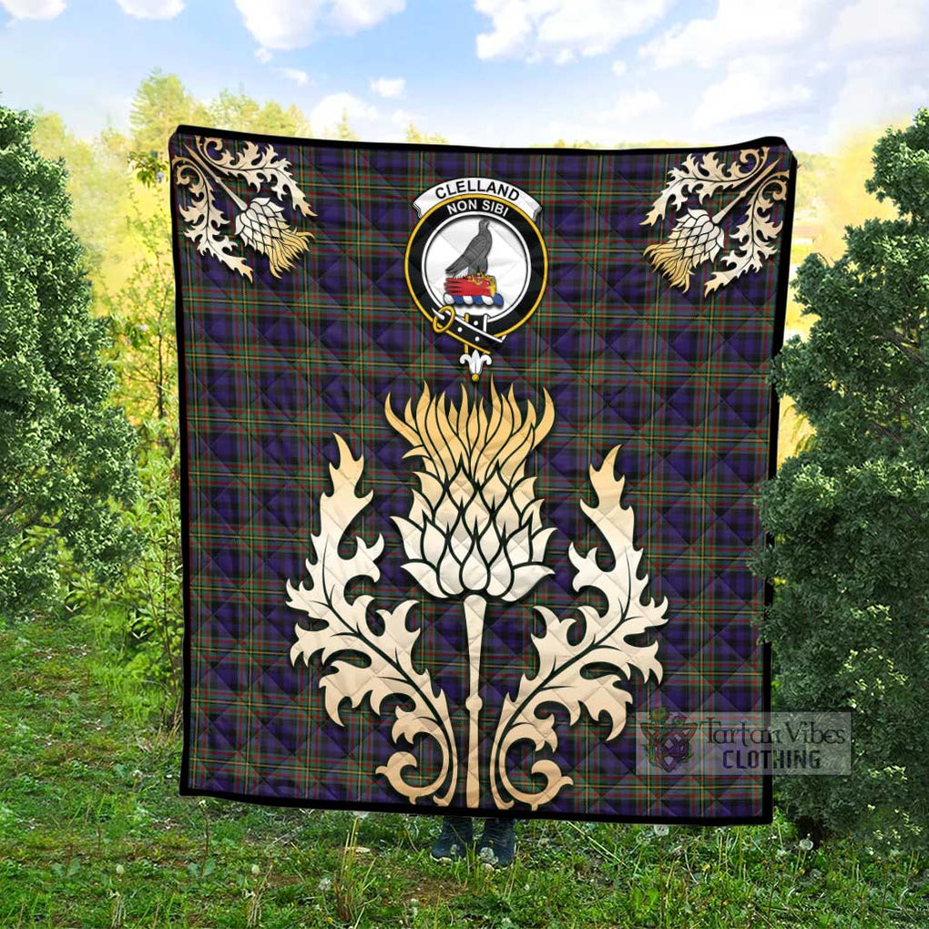 Tartan Vibes Clothing Clelland Tartan Quilt with Family Crest and Golden Thistle Style
