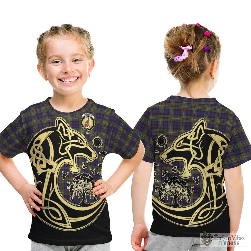 Clelland Tartan Kid T-Shirt with Family Crest Celtic Wolf Style - Tartan Vibes Clothing