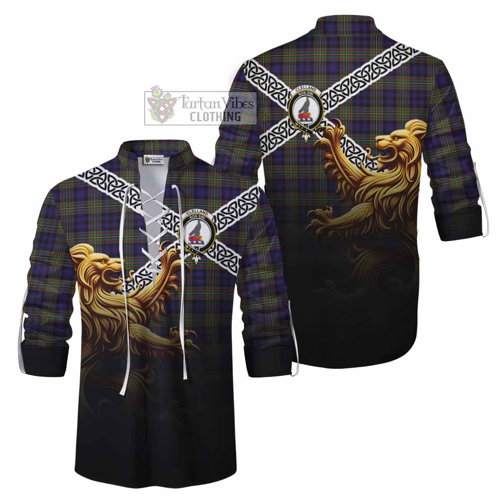Clelland Crest Tartan Ghillie Kilt Shirt with Golden Lion Emblem Celtic Style - Tartan Vibes Clothing