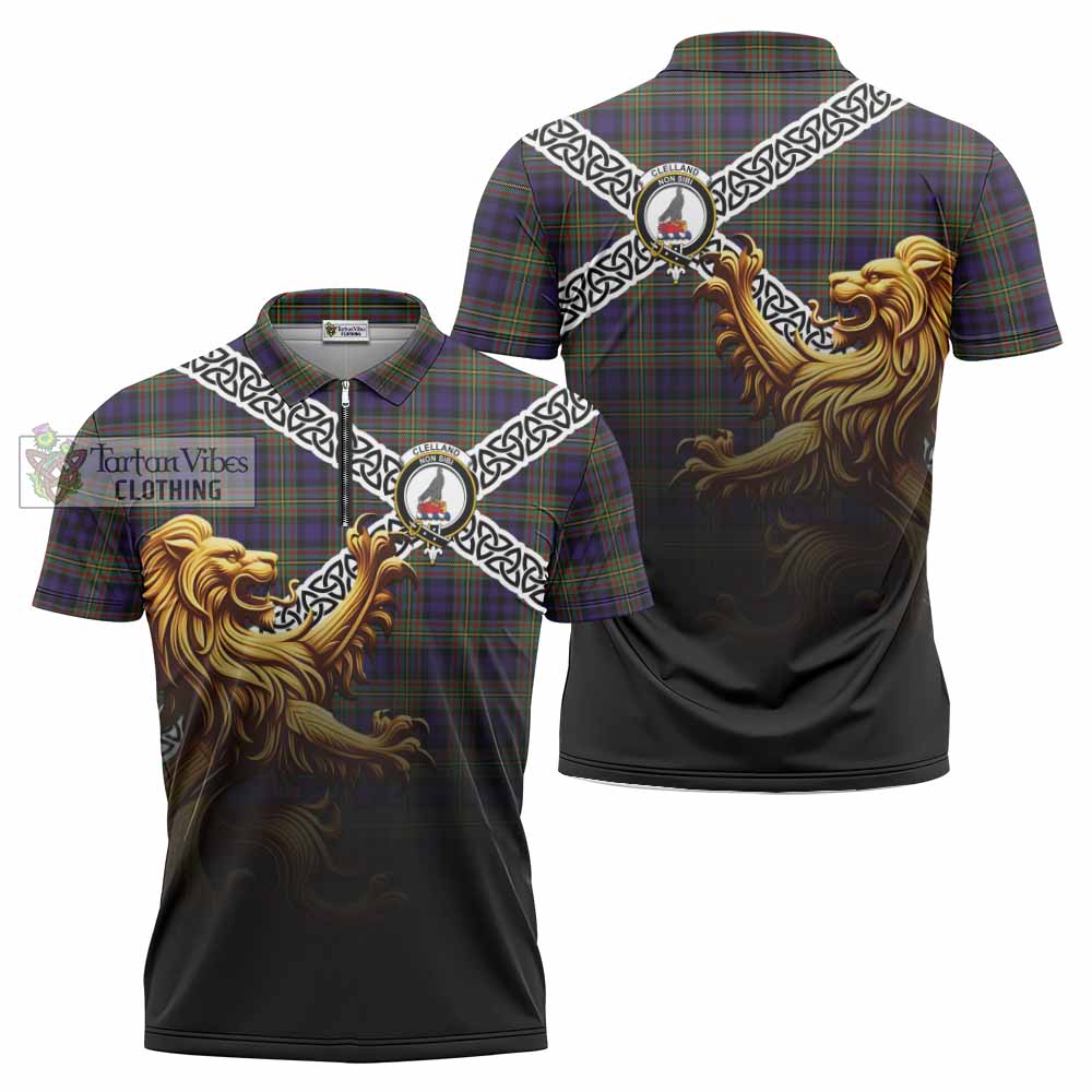 Clelland Crest Tartan Zipper Polo Shirt with Golden Lion Emblem Celtic Style - Tartan Vibes Clothing