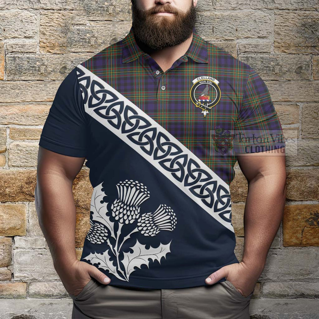 Clelland Tartan Polo Shirt Featuring Thistle and Scotland Map - Tartanvibesclothing Store