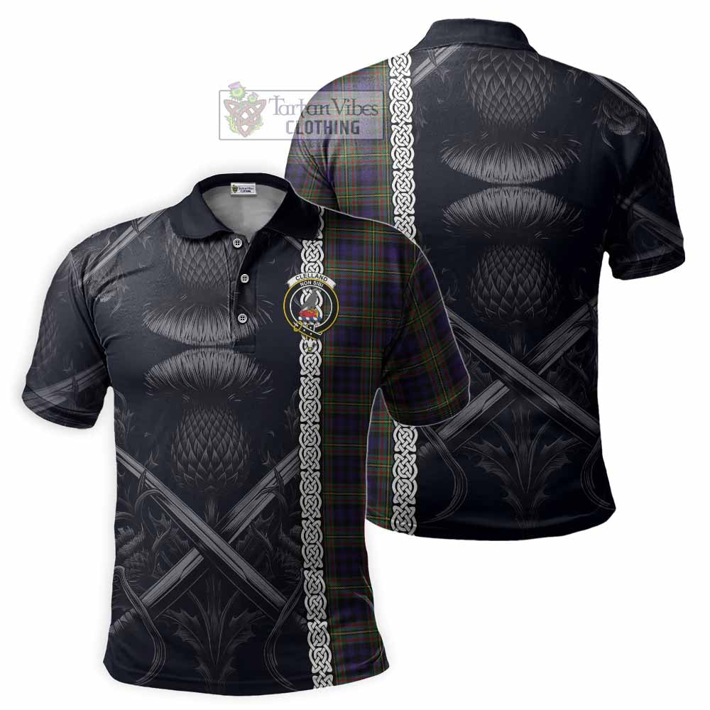 Clelland Tartan Polo Shirt with Family Crest Cross Sword Thistle Celtic Vibes - Tartan Vibes Clothing