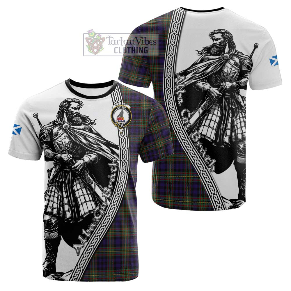 Clelland Tartan Clan Crest Cotton T-shirt with Highlander Warrior Celtic Style - Tartan Vibes Clothing