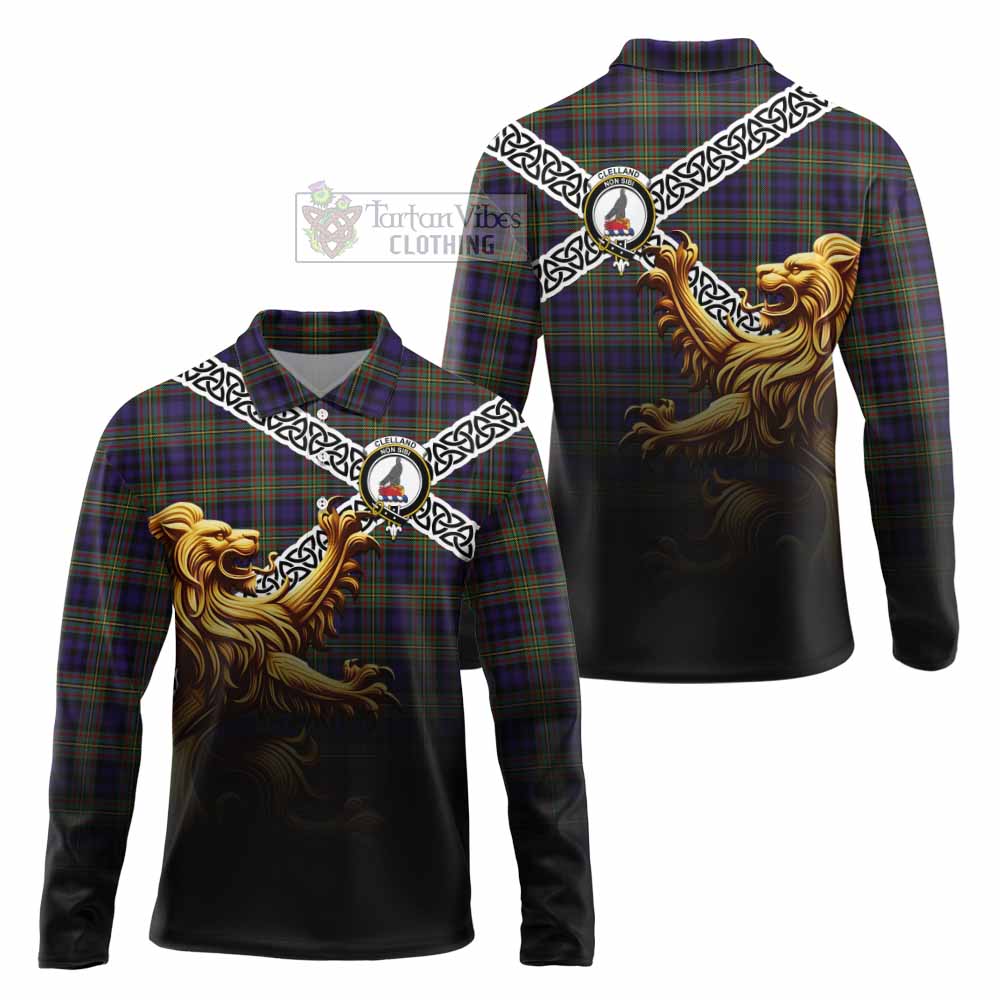 Clelland Crest Tartan Long Sleeve Polo Shirt with Golden Lion Emblem Celtic Style - Tartan Vibes Clothing