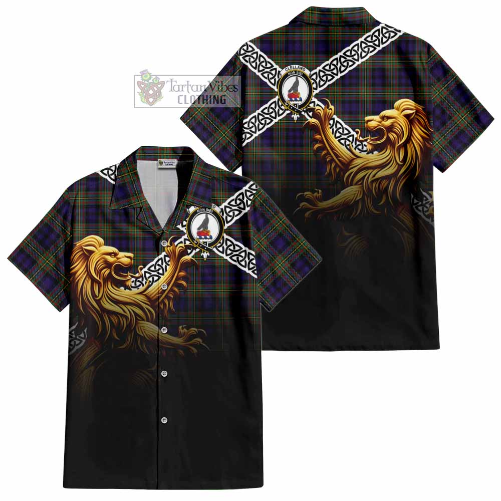 Clelland Crest Tartan Hawaiian Shirt with Golden Lion Emblem Celtic Style - Tartan Vibes Clothing