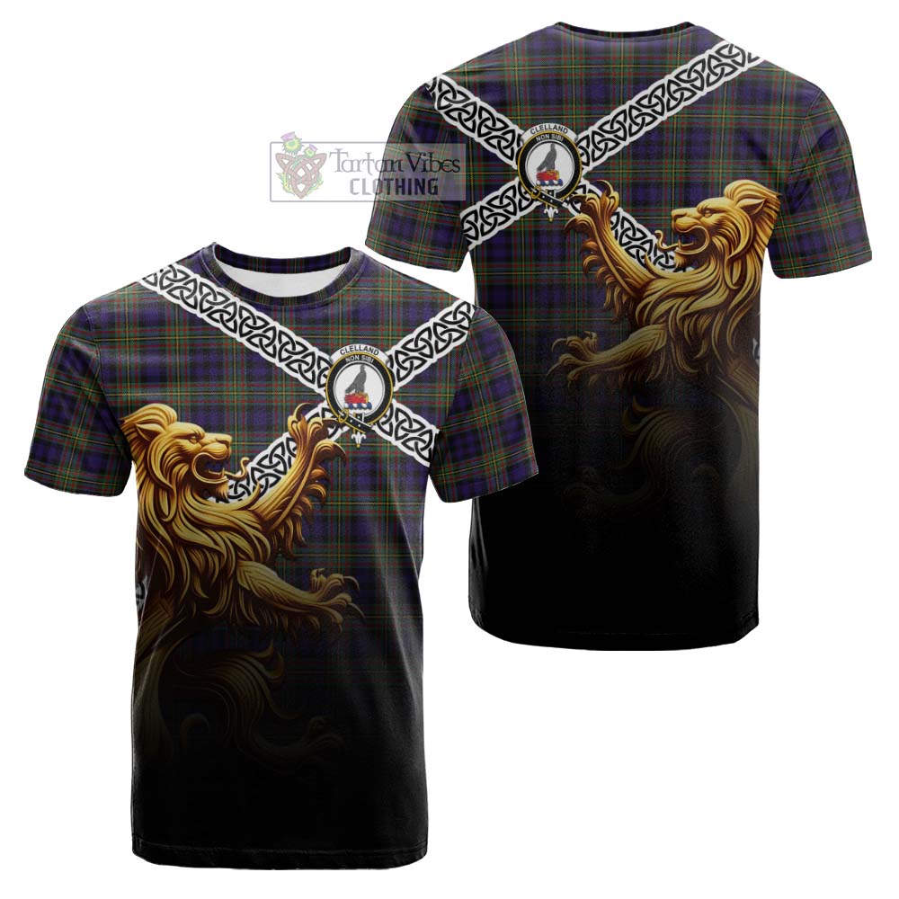 Clelland Crest Tartan Cotton T-shirt with Golden Lion Emblem Celtic Style - Tartan Vibes Clothing