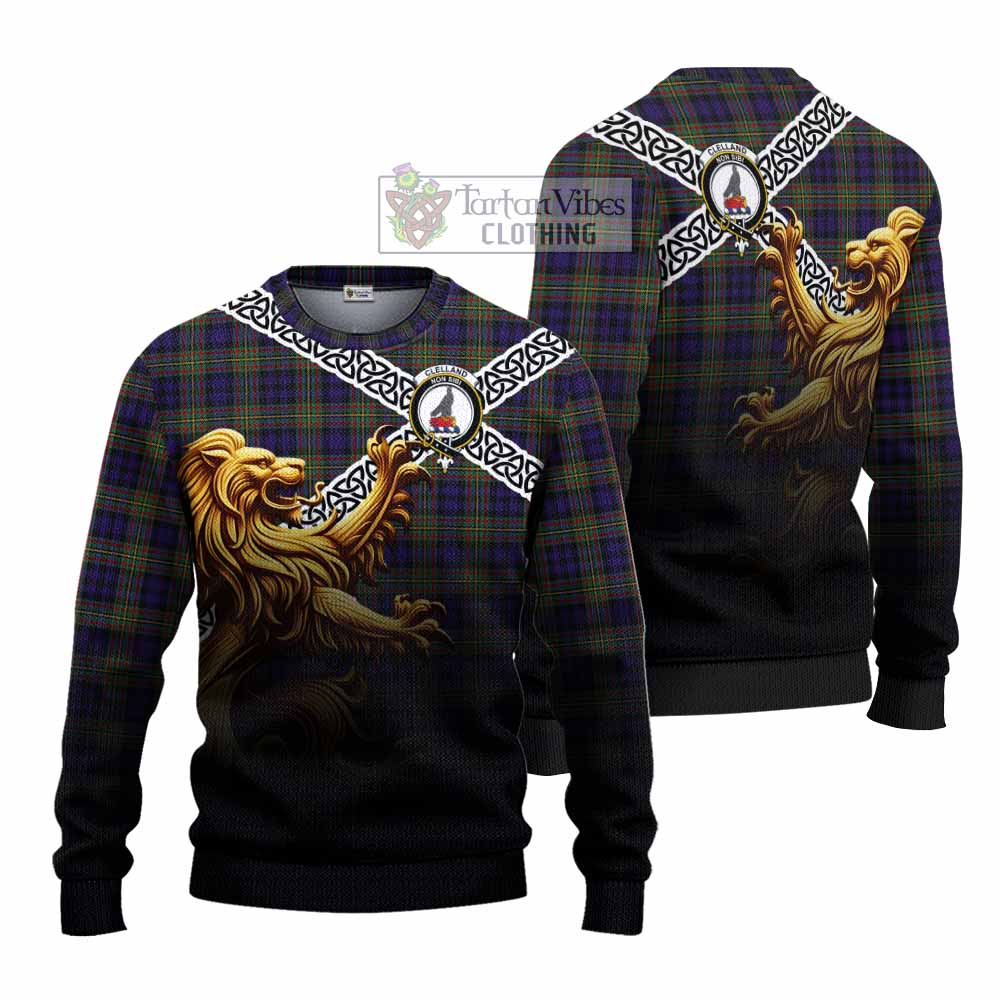 Clelland Crest Tartan Knitted Sweater with Golden Lion Emblem Celtic Style - Tartan Vibes Clothing