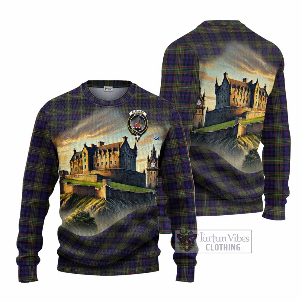 Clelland Tartan Family Crest Knitted Sweater with Scottish Ancient Castle Style - Tartan Vibes Clothing