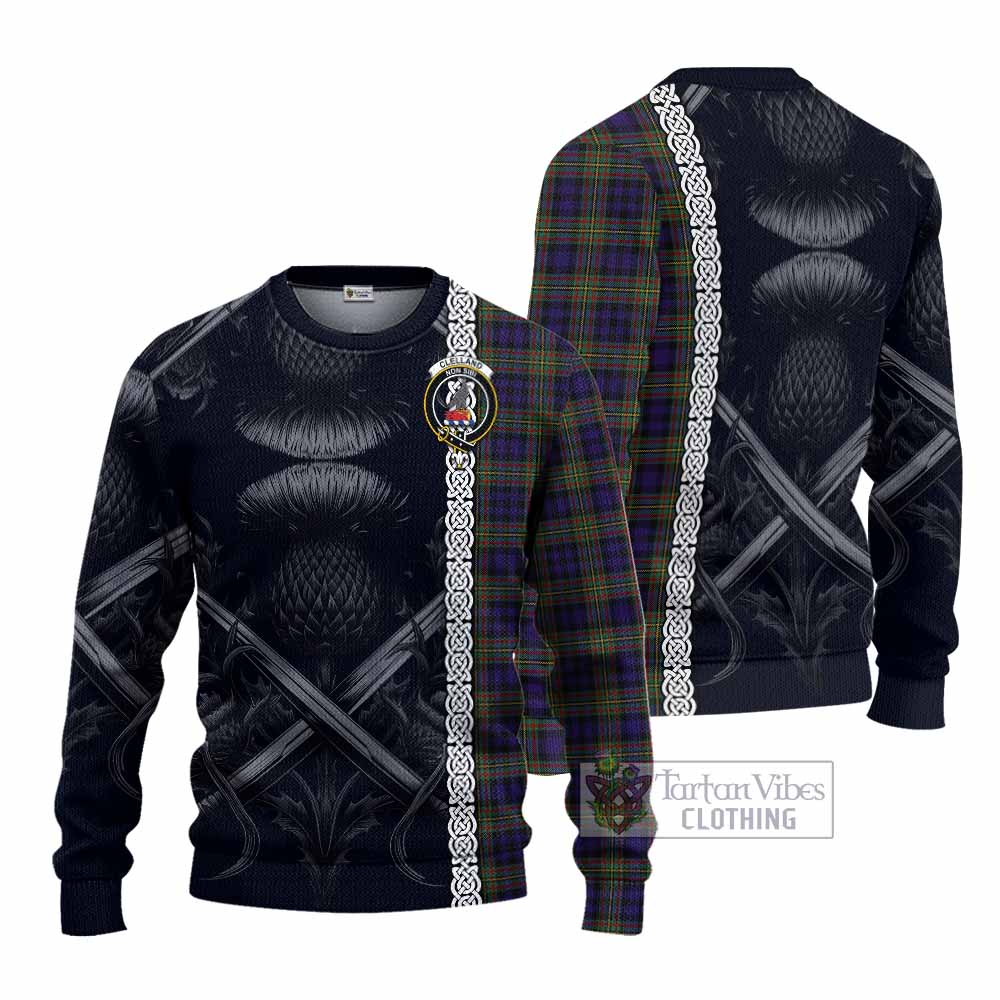 Clelland Tartan Knitted Sweater with Family Crest Cross Sword Thistle Celtic Vibes - Tartan Vibes Clothing