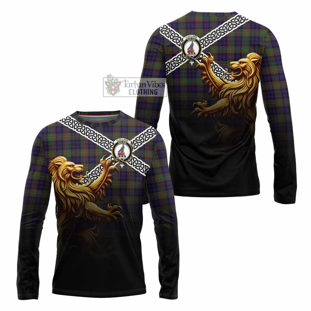 Clelland Crest Tartan Long Sleeve T-Shirt with Golden Lion Emblem Celtic Style - Tartan Vibes Clothing