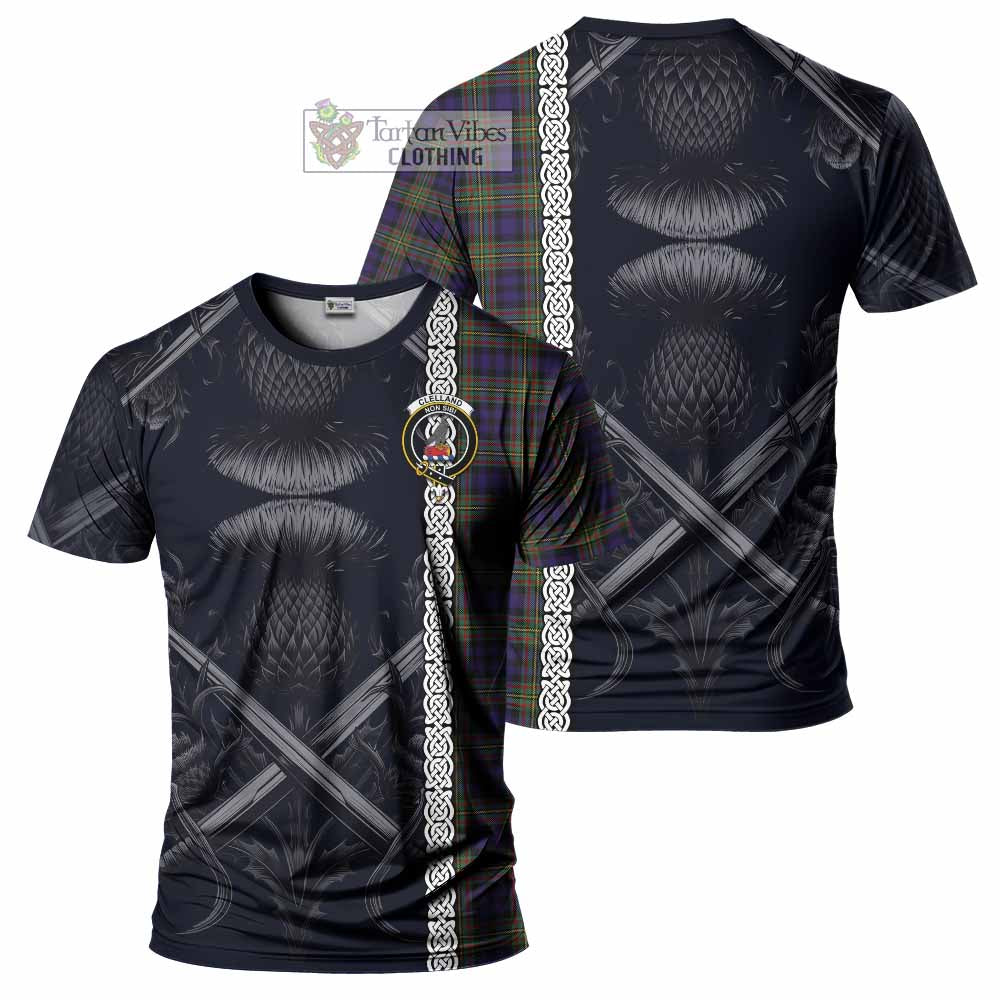Clelland Tartan T-Shirt with Family Crest Cross Sword Thistle Celtic Vibes - Tartan Vibes Clothing