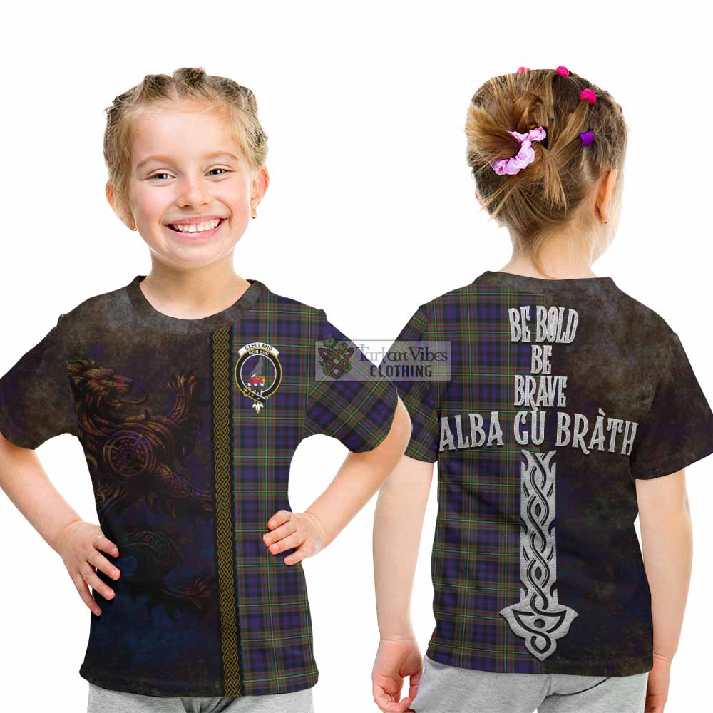 Tartan Vibes Clothing Clelland Tartan Family Crest Kid T-Shirt Alba Gu Brath Be Brave Lion Ancient Style