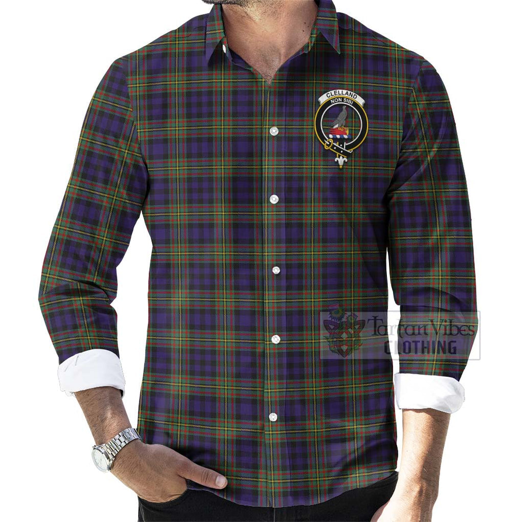 Clelland Tartan Long Sleeve Button Shirt with Family Crest Celtic Skull Style - Tartan Vibes Clothing
