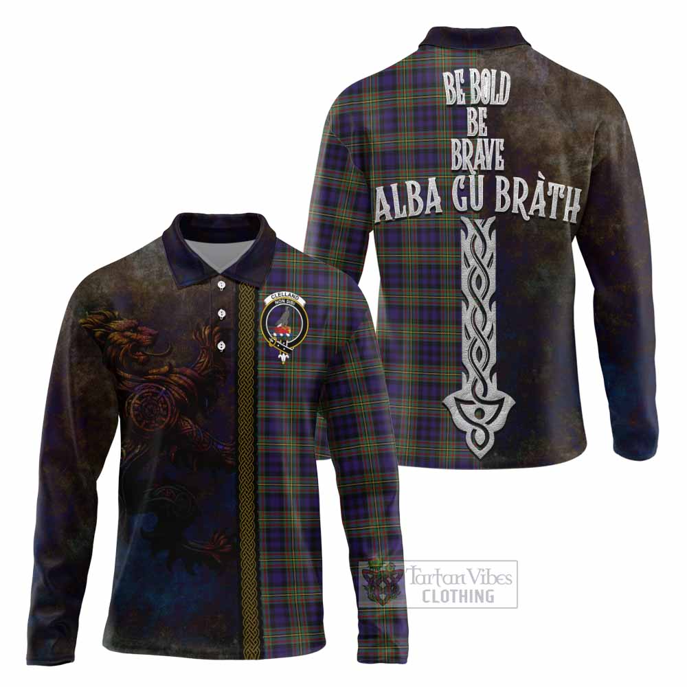 Tartan Vibes Clothing Clelland Tartan Family Crest Long Sleeve Polo Shirt Alba Gu Brath Be Brave Lion Ancient Style