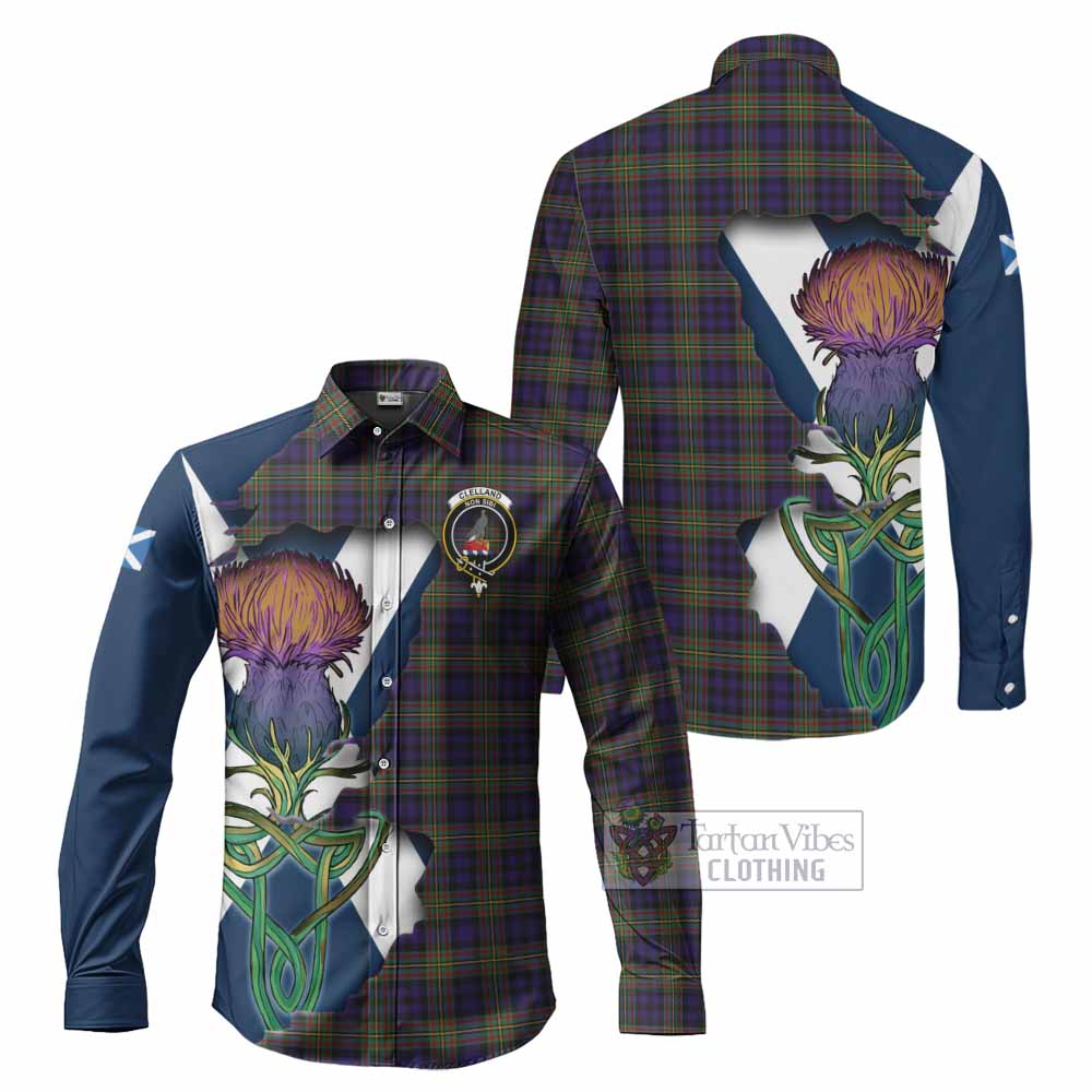 Tartan Vibes Clothing Clelland Tartan Family Crest Long Sleeve Button Shirt Scottish Thistle Celtic Inspired