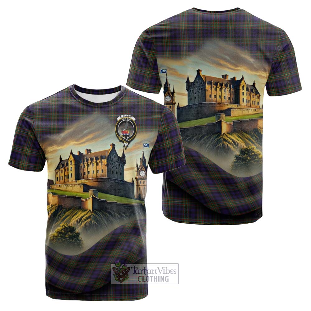 Clelland Tartan Family Crest Cotton T-shirt with Scottish Ancient Castle Style - Tartan Vibes Clothing