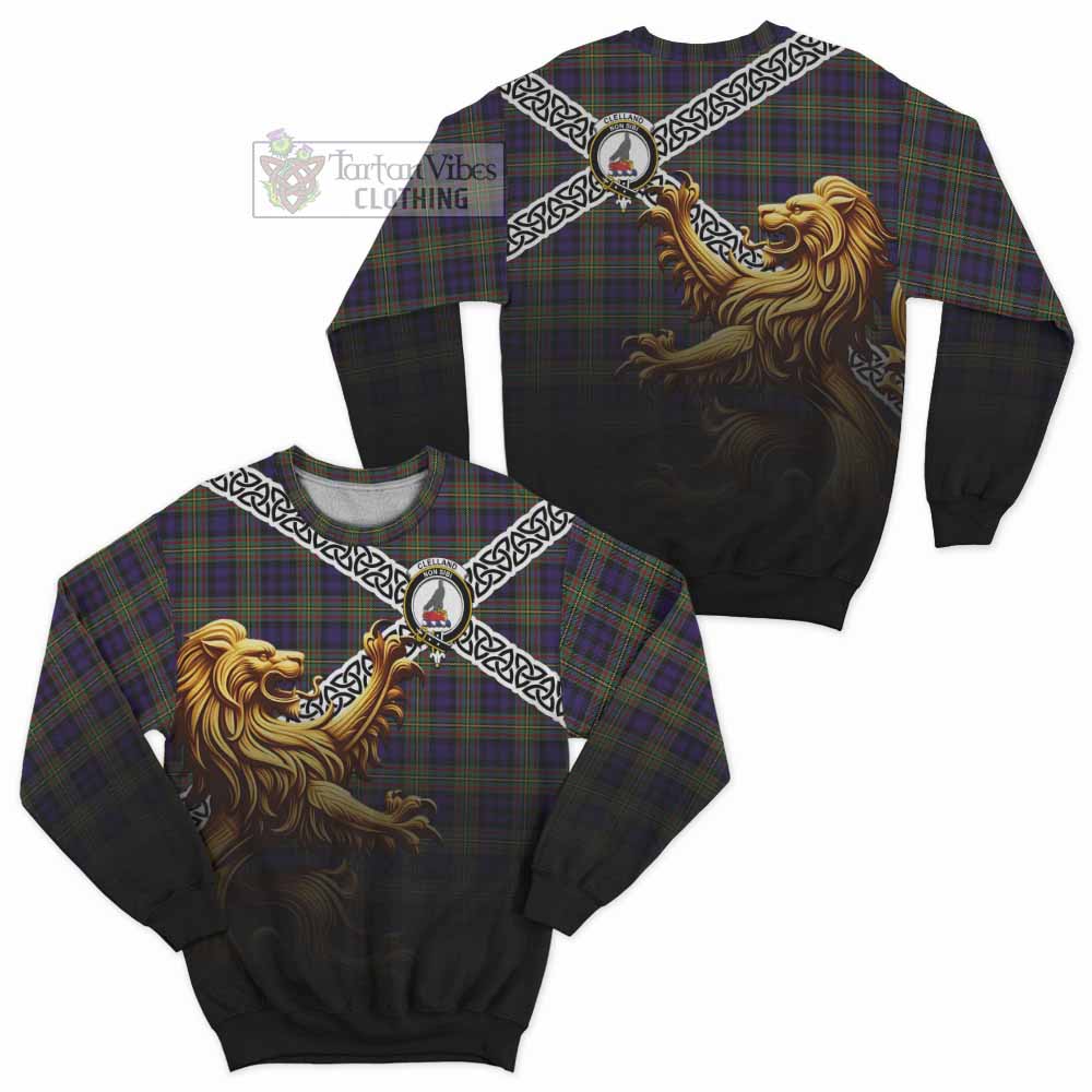 Clelland Crest Tartan Sweatshirt with Golden Lion Emblem Celtic Style - Tartan Vibes Clothing