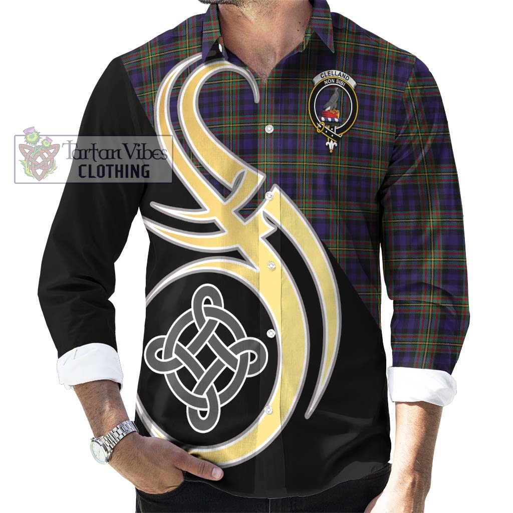 Clelland Tartan Long Sleeve Button Shirt with Family Crest and Celtic Symbol Style - Tartan Vibes Clothing