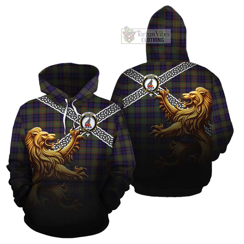 Clelland Crest Tartan Cotton Hoodie with Golden Lion Emblem Celtic Style - Tartan Vibes Clothing