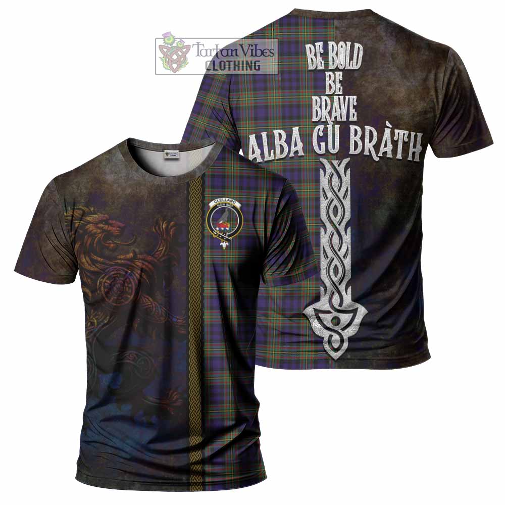 Tartan Vibes Clothing Clelland Tartan Family Crest T-Shirt Alba Gu Brath Be Brave Lion Ancient Style