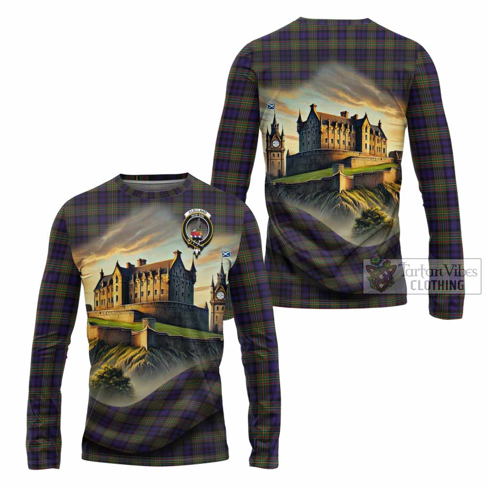 Clelland Tartan Family Crest Long Sleeve T-Shirt with Scottish Ancient Castle Style - Tartan Vibes Clothing