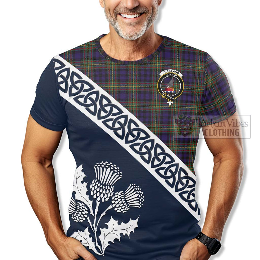 Clelland Tartan T-Shirt Featuring Thistle and Scotland Map - Tartanvibesclothing Store
