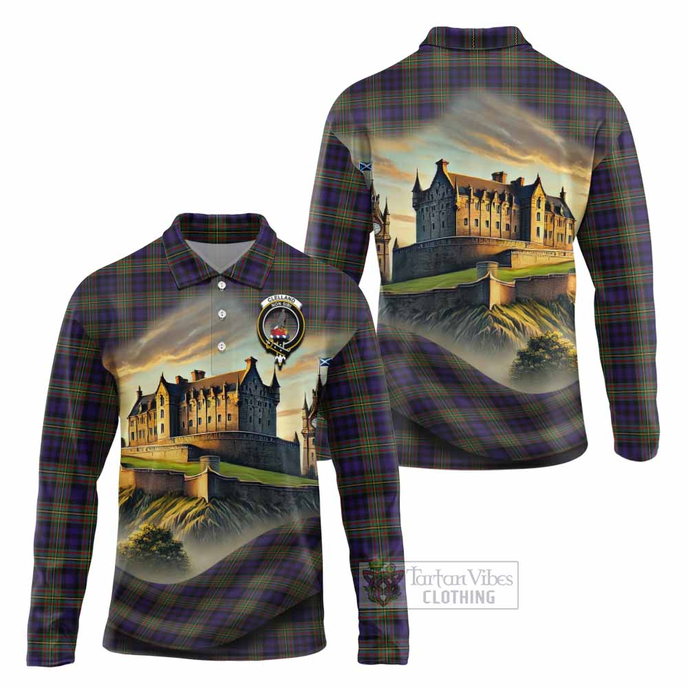 Clelland Tartan Family Crest Long Sleeve Polo Shirt with Scottish Ancient Castle Style - Tartan Vibes Clothing