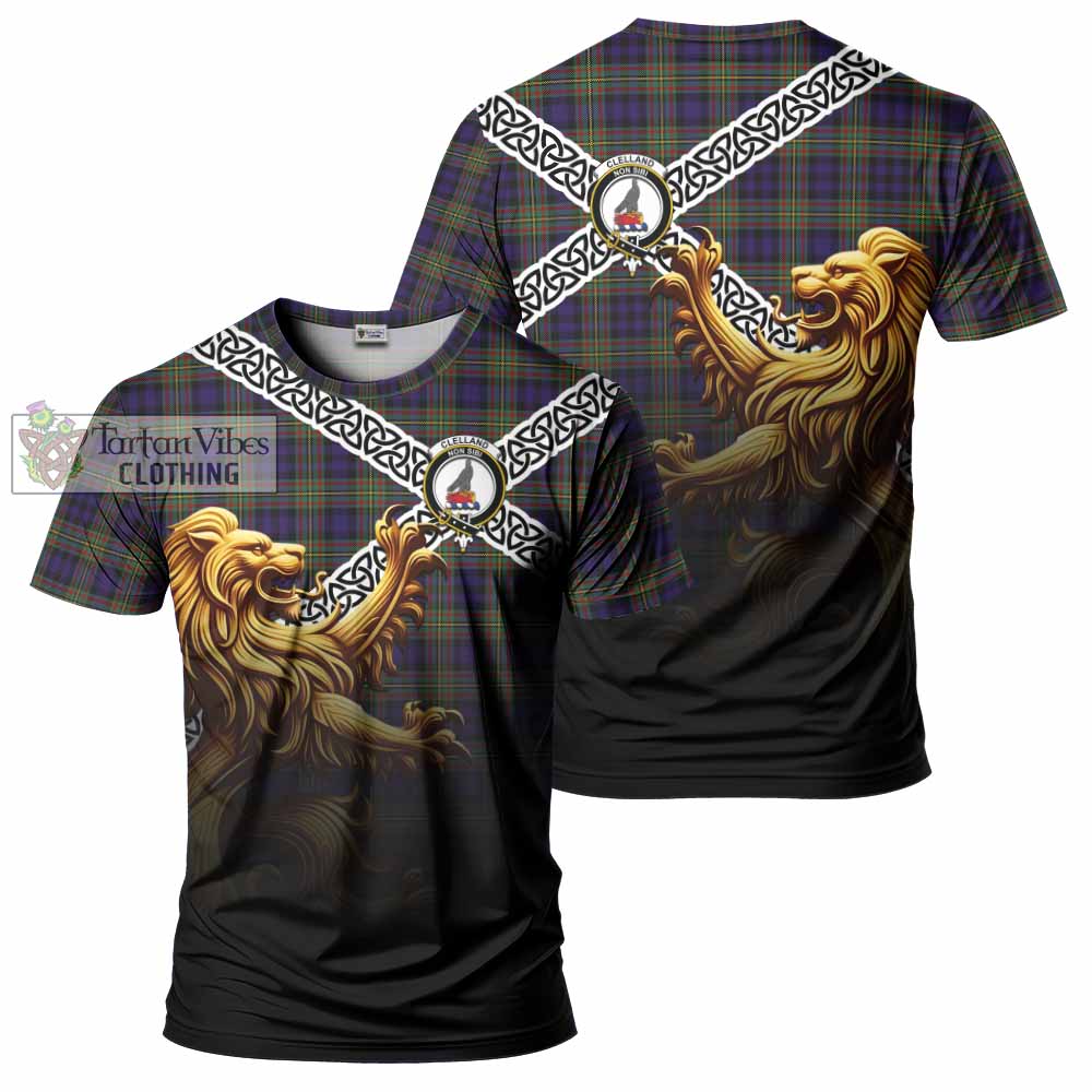 Clelland Crest Tartan T-Shirt with Golden Lion Emblem Celtic Style - Tartan Vibes Clothing
